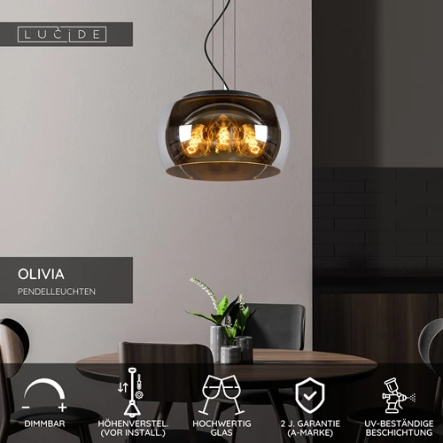 Lucide OLIVIA - Pendelleuchten - Ø 40 cm - 3xE27 - Rauchfarbe Grau - USP